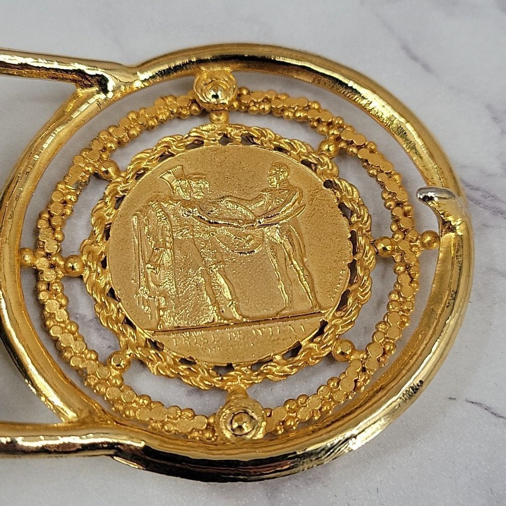 Vintage Green Leather Statement Belt with Gold Napoleon Coin Medallion - Picture 10 of 16